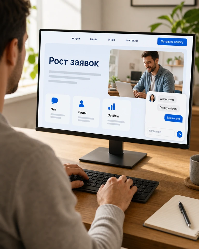 Человек за компьютером смотрит свой сайт, в углу экрана открыт чат с посетителем