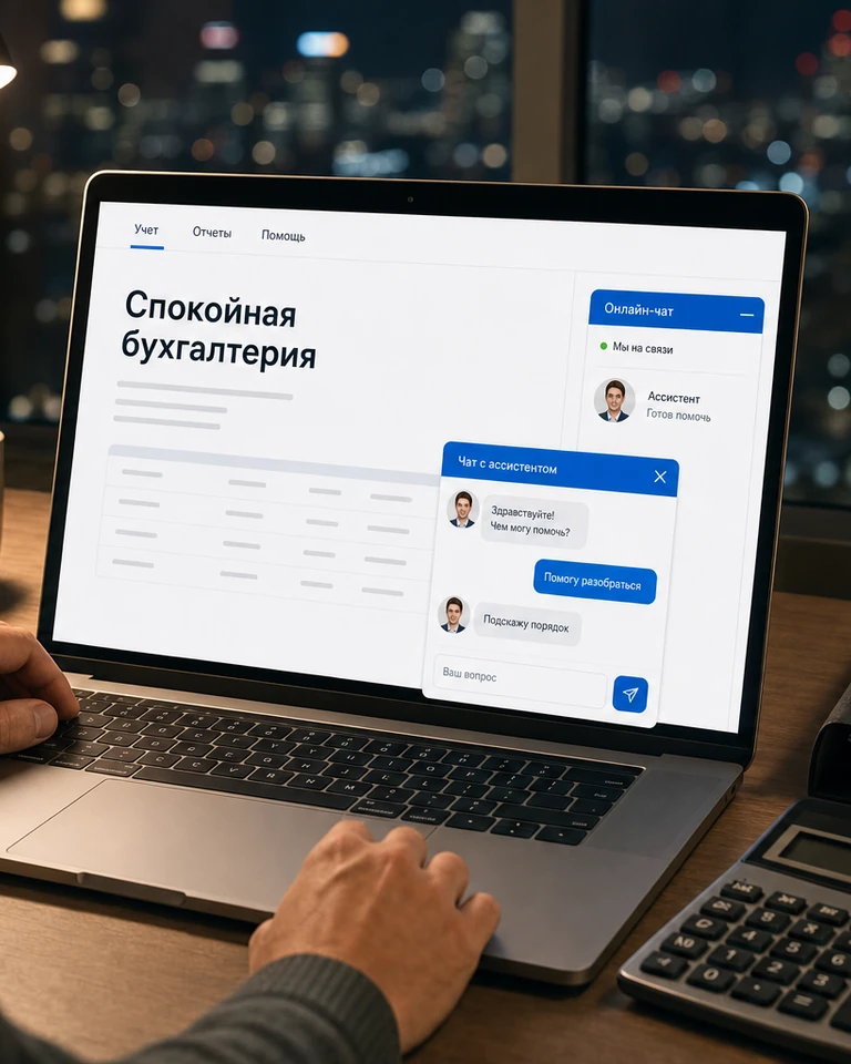 Вечерний стол бухгалтерии с ноутбуком, на сайте фирмы открыт разговор