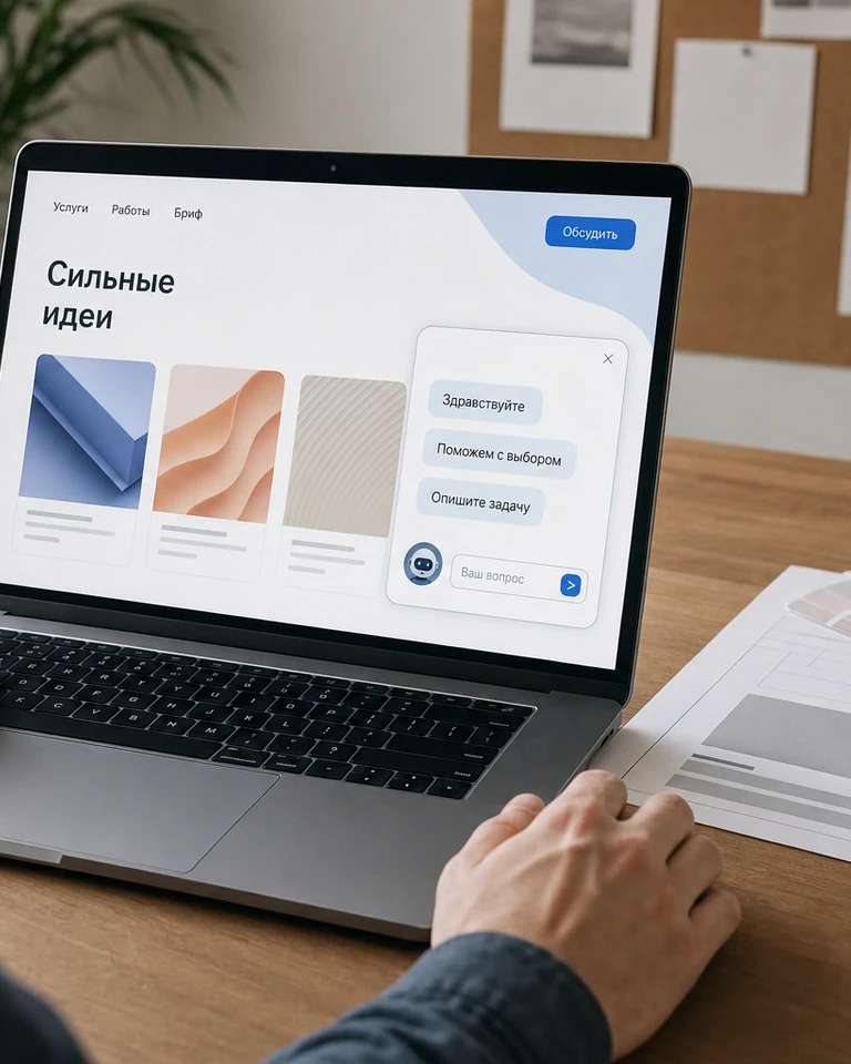 Ноутбук в студии агентства рядом с выкрасками и макетом, на сайте открыт разговор