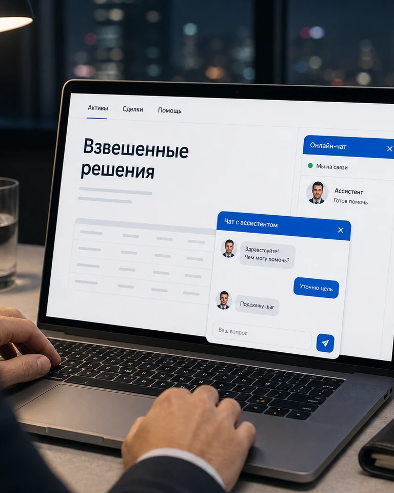 Вечерний офис брокера: ноутбук на столе, на сайте открыт разговор