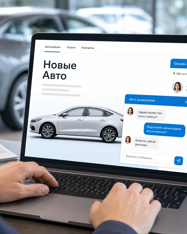 Ноутбук в автосалоне, на сайте дилера открыт разговор с посетителем