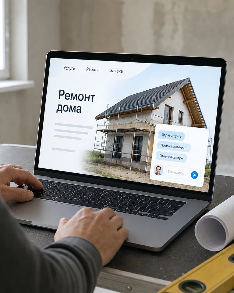 Ноутбук на объекте в отделке, на сайте подрядчика открыт разговор о смете