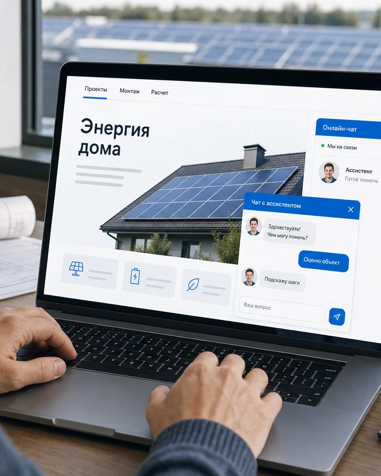 Ноутбук у окна, на сайте энергетической компании открыт разговор о расчёте