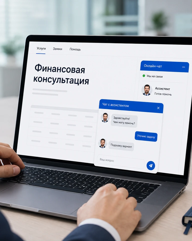 Ноутбук в офисе финансовой компании, на сайте открыт разговор с клиентом