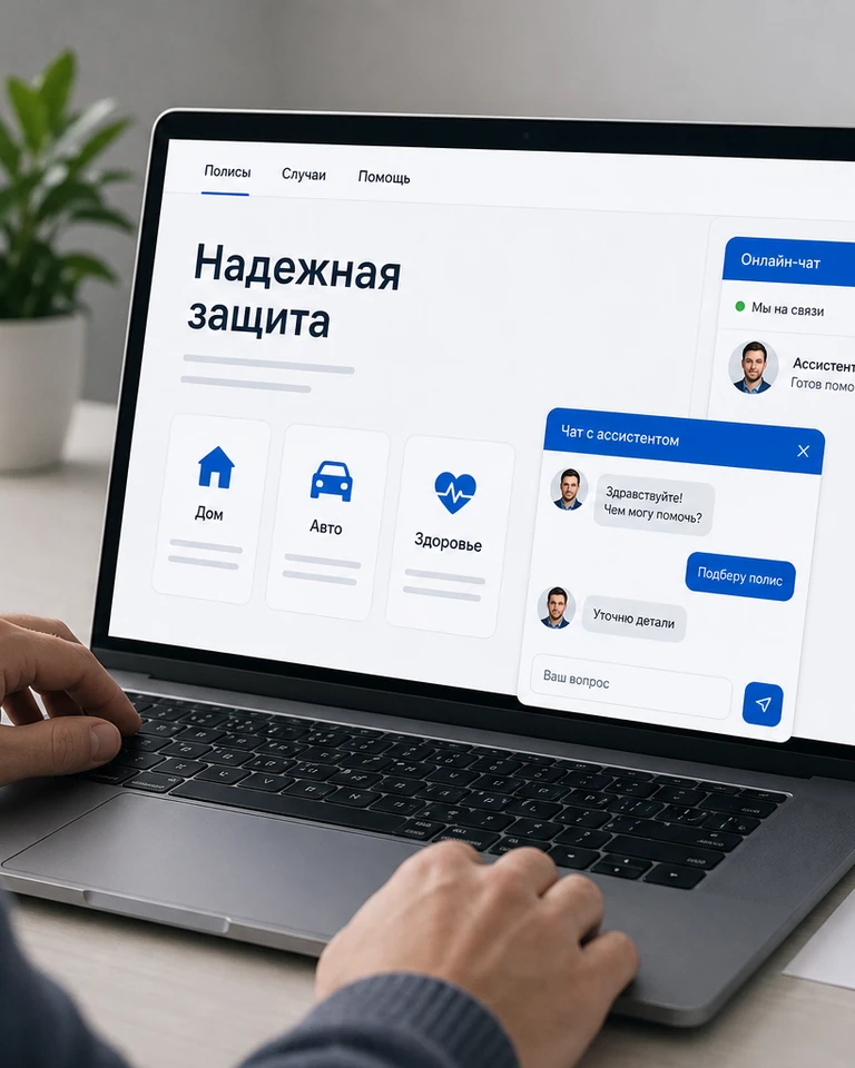 Ноутбук на столе страховой компании, на сайте открыт разговор о расчёте