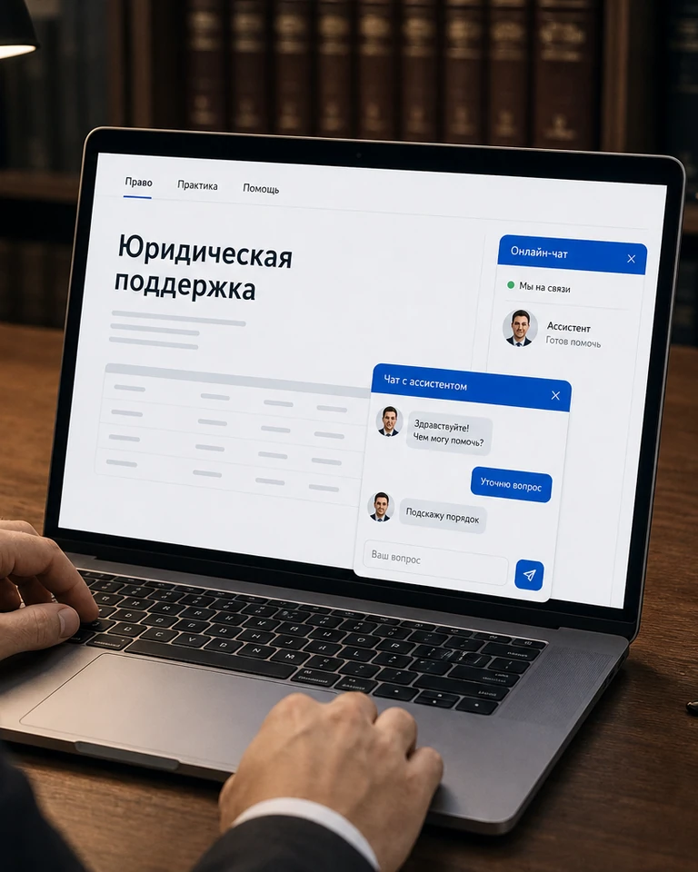 Вечер в юридической конторе: ноутбук и папки, на сайте фирмы открыт разговор