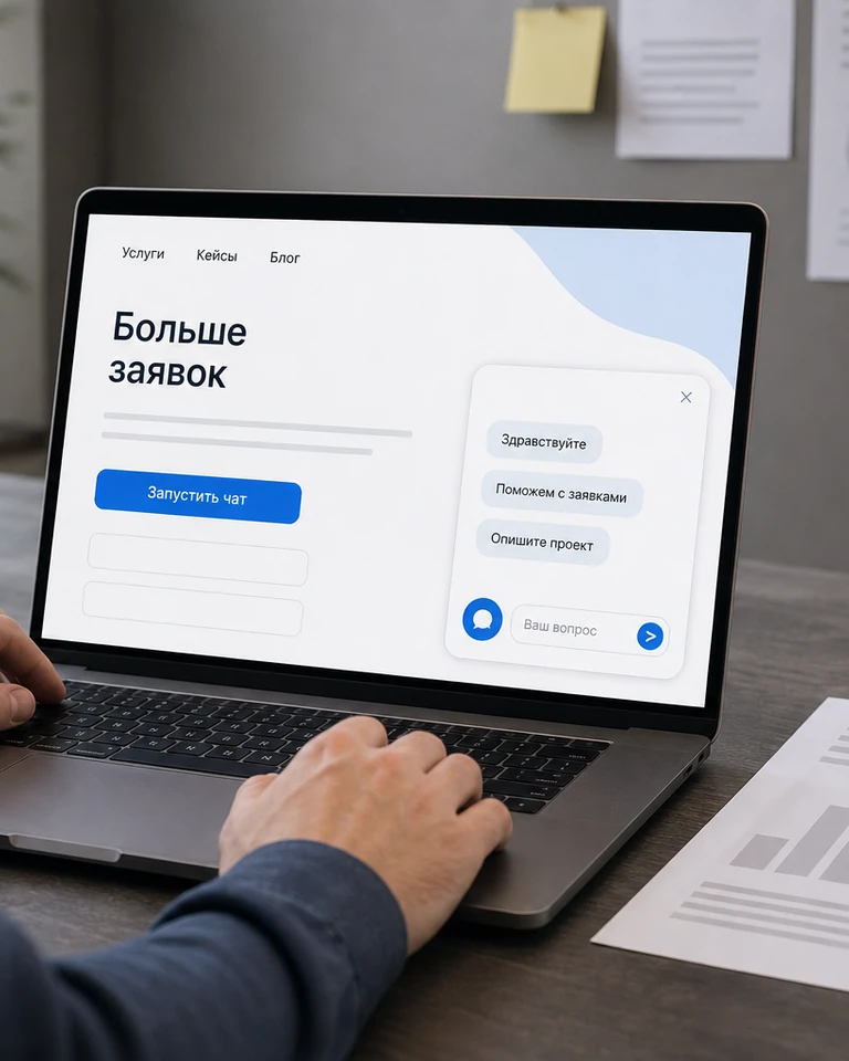 Ноутбук на столе маркетолога, на лендинге открыт разговор рядом с формой
