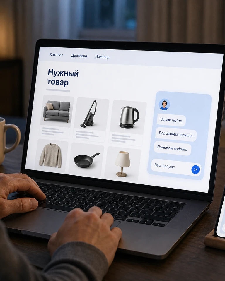 Вечером дома ноутбук с интернет-магазином, на сайте открыт разговор о наличии