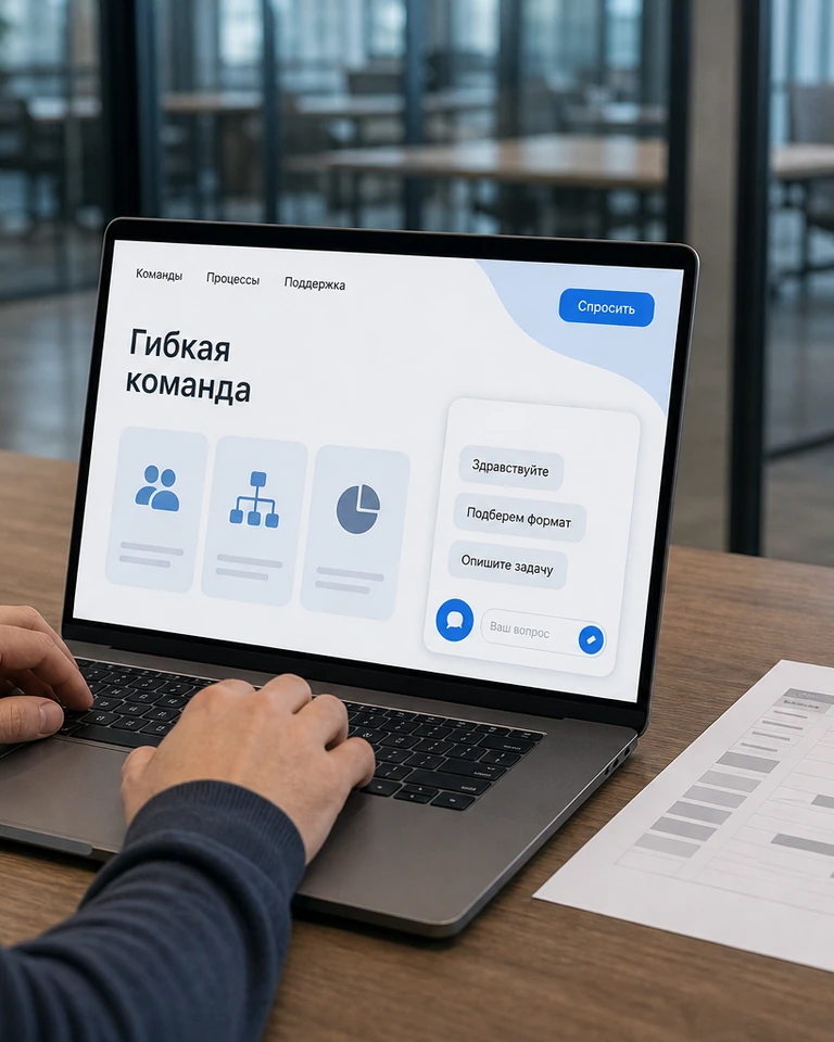 Ноутбук в общем рабочем пространстве, на сайте компании-подрядчика открыт разговор