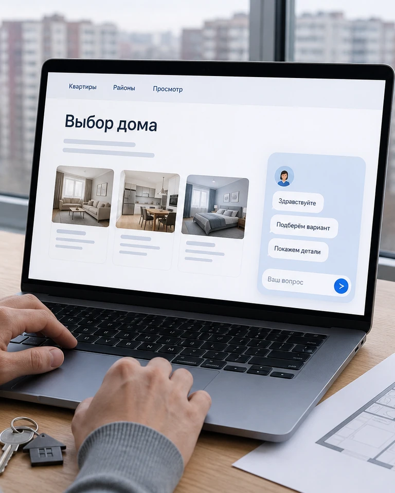 Ноутбук у окна рядом с планировкой, на сайте агентства открыт разговор о подборе