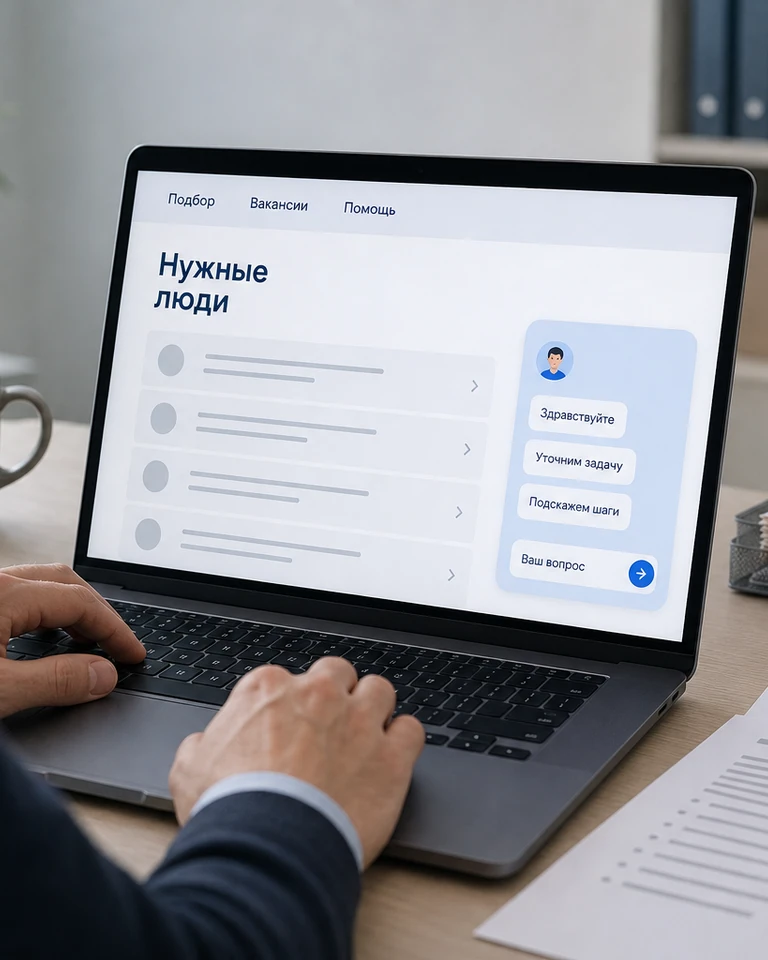 Ноутбук и распечатанная вакансия на столе, на сайте агентства открыт разговор о подборе